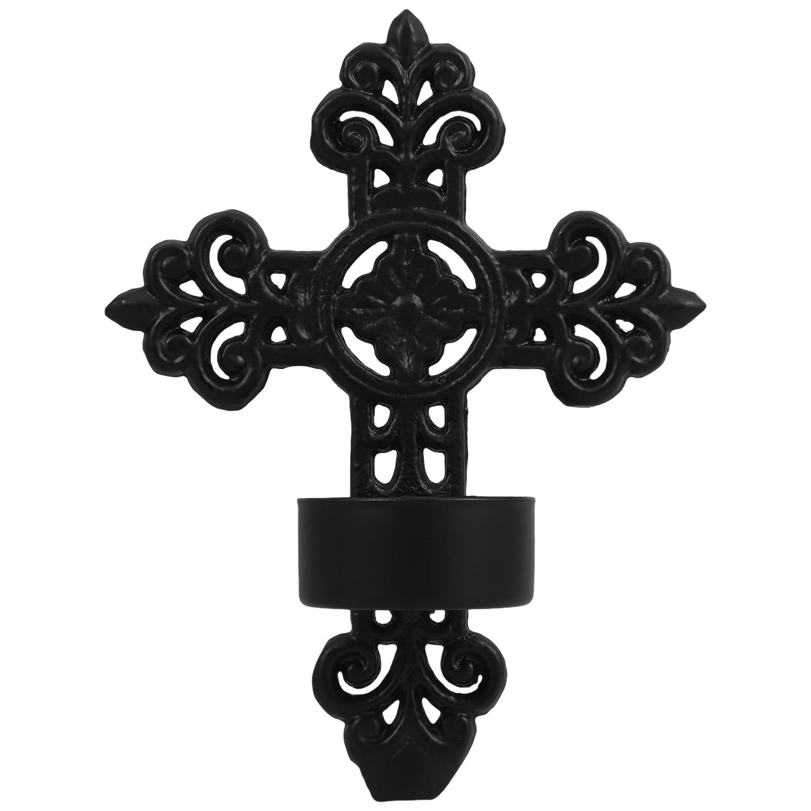 Candelabro de pared resistente en hierro negro con soporte estable para velas de pilar