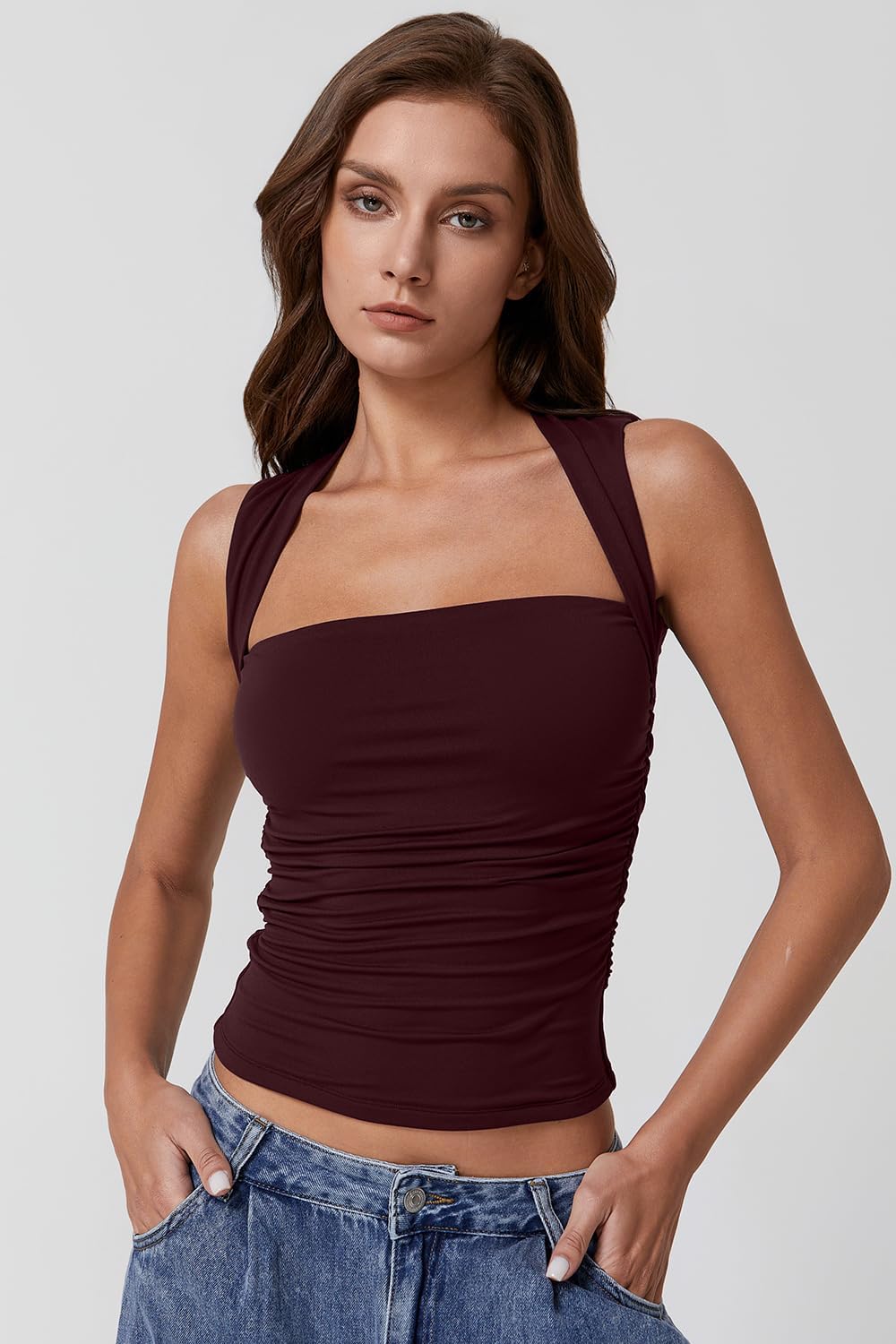 QINSEN Double Lined Women Tops Square Neck Sleeveless Tank Top Summer Slim Fit Tee Shirt Burgundy M - Image 5