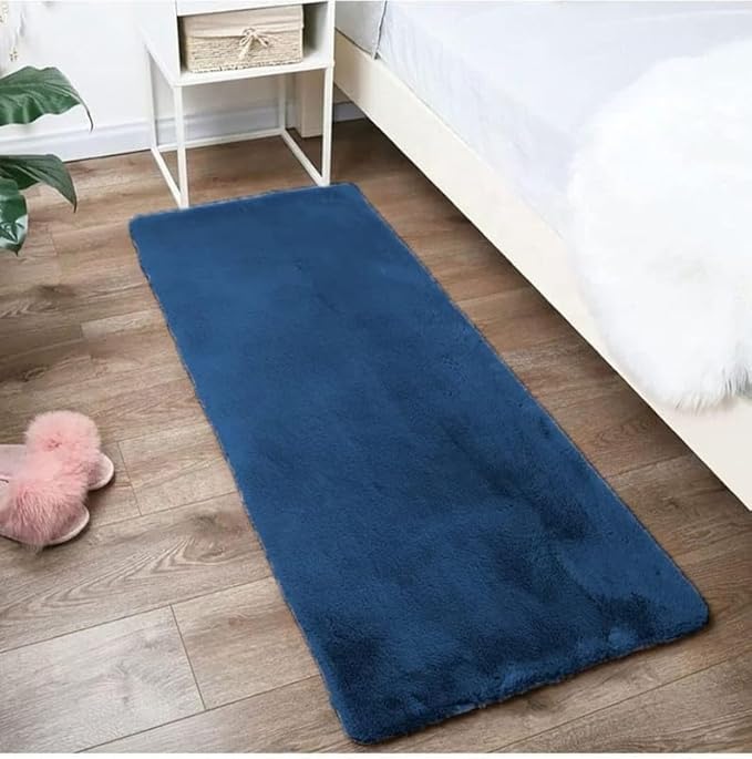 AR Living Soft Rabbit Fur 1Piece Bedside Runner with Anti Skid Backing Rug for Hall, Office, Kitchen, Bedroom, Living Room, Entrance (Size 22x56 Inch) - Dark Blue