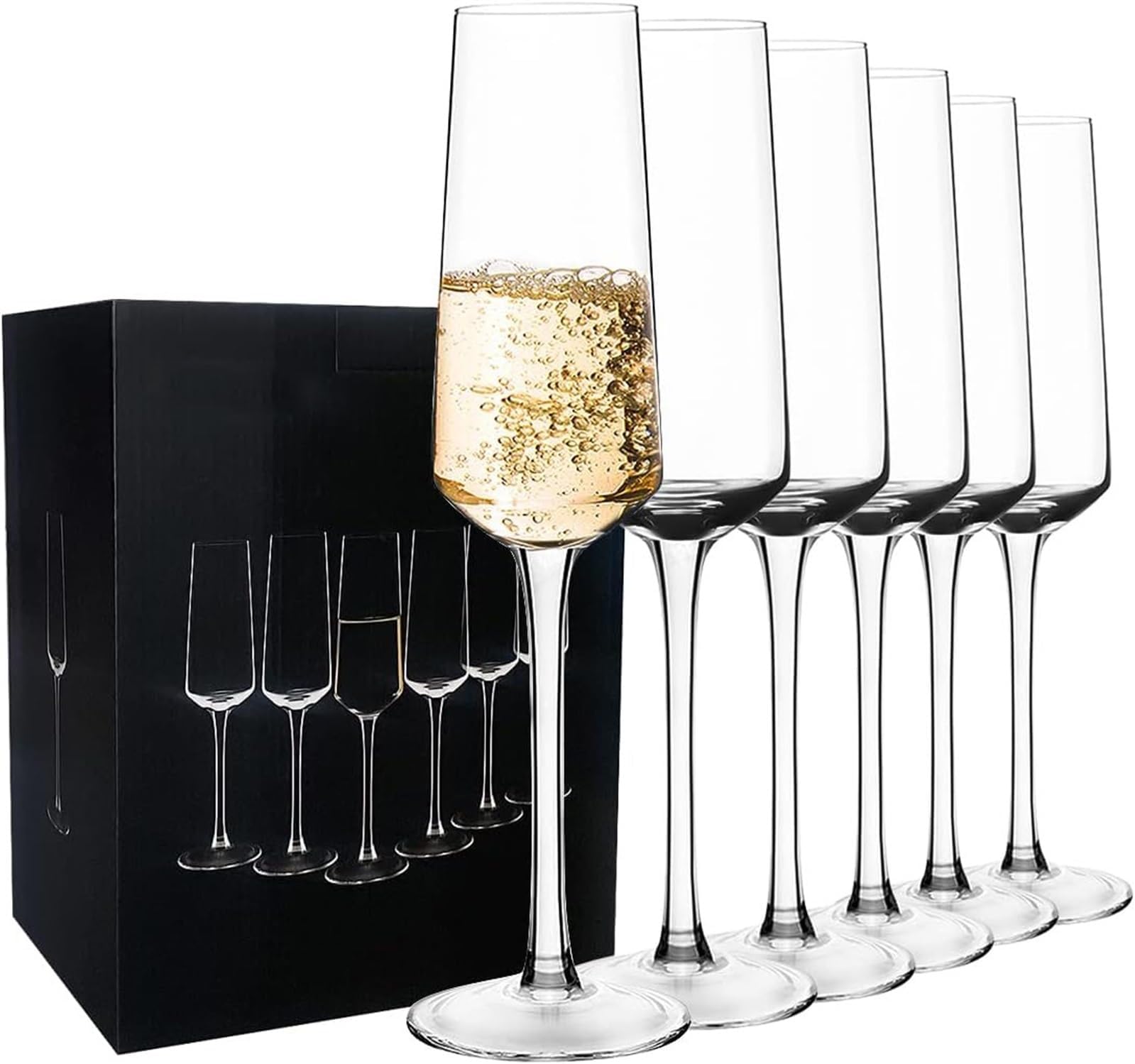 THE WHITE SHOP 6PCS Crystal Champagne Flutes Champagne Glasses Hand Blown Classy Champagne Flutes 100%Lead Free Quality Sparkling Wine Stemware Set Dishwasher Safe 7oz