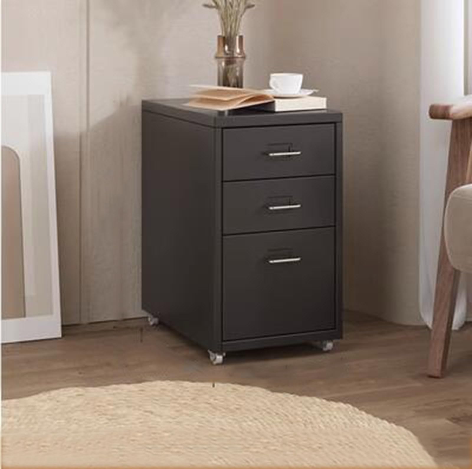 Aioneer Black Mobile Metal Filing Cabinet On Wheels Rolling Storage Organizer With Drawers Vertical Rolling File Cabinet Printer Stand Lockable Casters Office Storage Solution-18 * 16 * 11Inch
