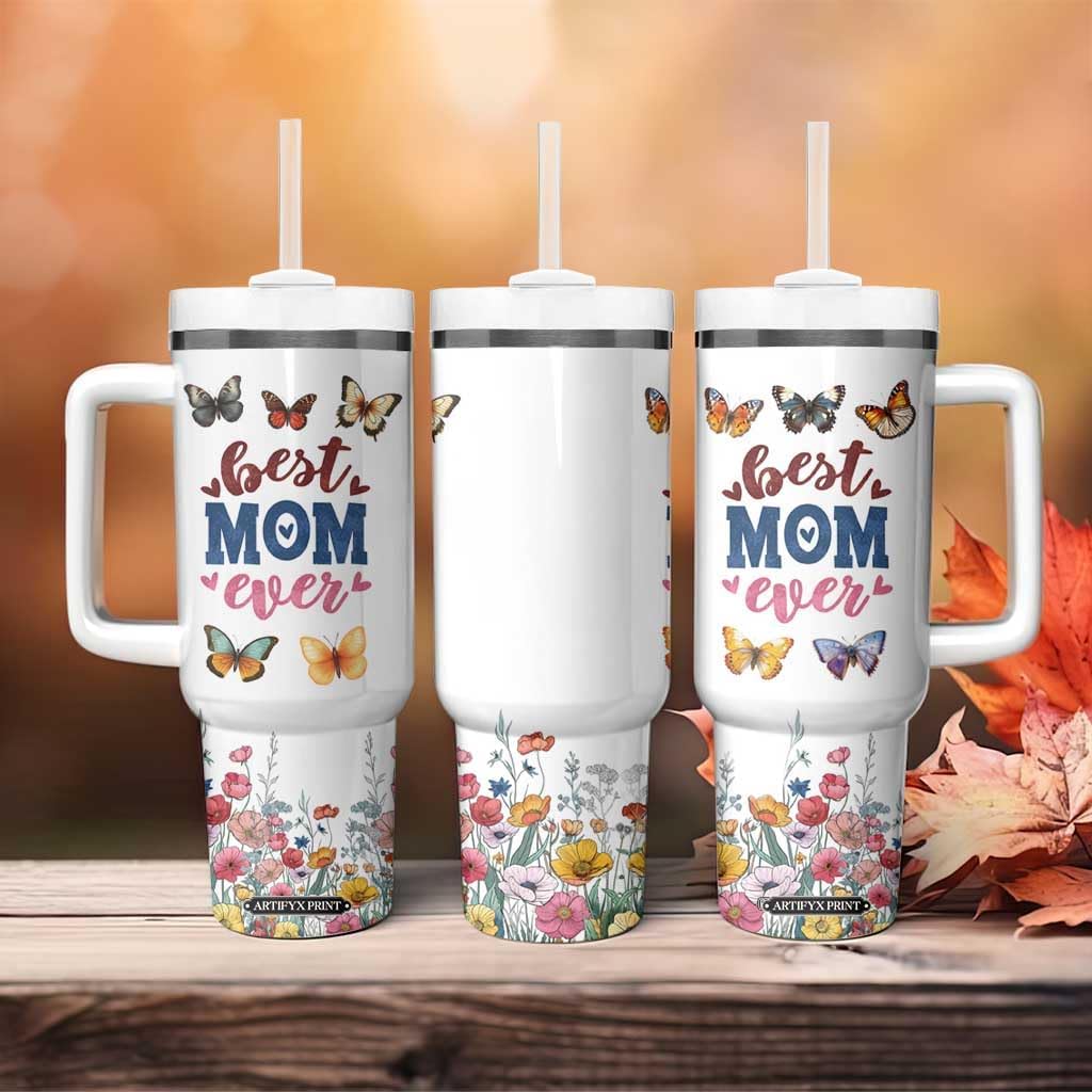 Floral Mom Tumbler With Handle Best Mom Ever Butterflies Mama Flower Garden Vacuum Insulated Travel Coffee Mug Cup Tumbler, Mothers Day Gifts From Daughter Son Kid, Gift for Mom Women Wife image 4