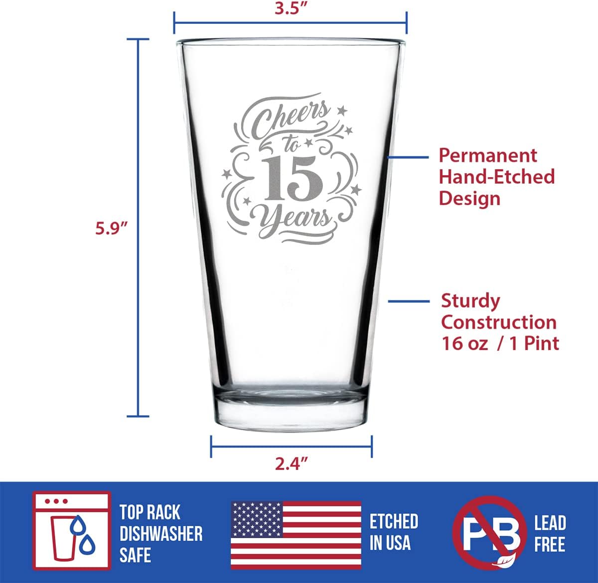 Bevvee Cheers to 15 Years - Pint Glass for Beer - Gifts for Women & Men - 15th Anniversary Party Decor - 16 Oz Glasses - Image 5