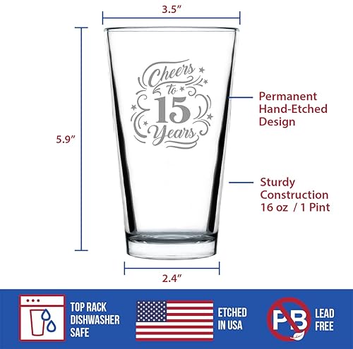 Miniatura 5 de Cheers to 15 Years - Pint Glass for Beer - Gifts for Women & Men - 15th Anniversary Party Decor - 16 Oz Glasses