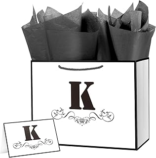 ysmile Letter Gift Bag with Wrapping Tissue for Men Women, 12" Large White Black Paper Bag for Birthday Anniversary Wedding Party - Single K