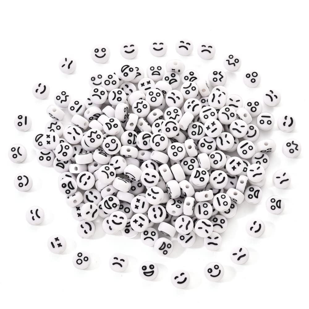 DanLingJewelry 200pcs Random White Expression Beads Acrylic Smiley Beads Expression Loose Spacer Beads for DIY Jewelry Making Bulk