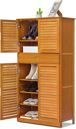Magshion Estante grande de bambú para almacenamiento de zapatos, con puertas dobles y cajón para armario estrecho, pasillo, sala de estar, entrada,