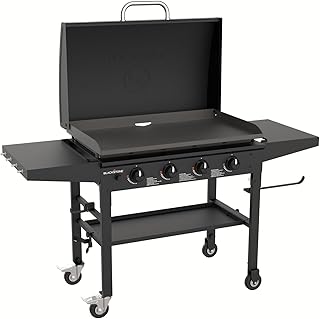 Blackstone 36 Inch Gas Griddle with Hood Cooking Station 4 Burner Flat Top Gas Grill Propane Fuelled Restaurant Grade Professional 36” Outdoor Griddle Station with Side Shelf