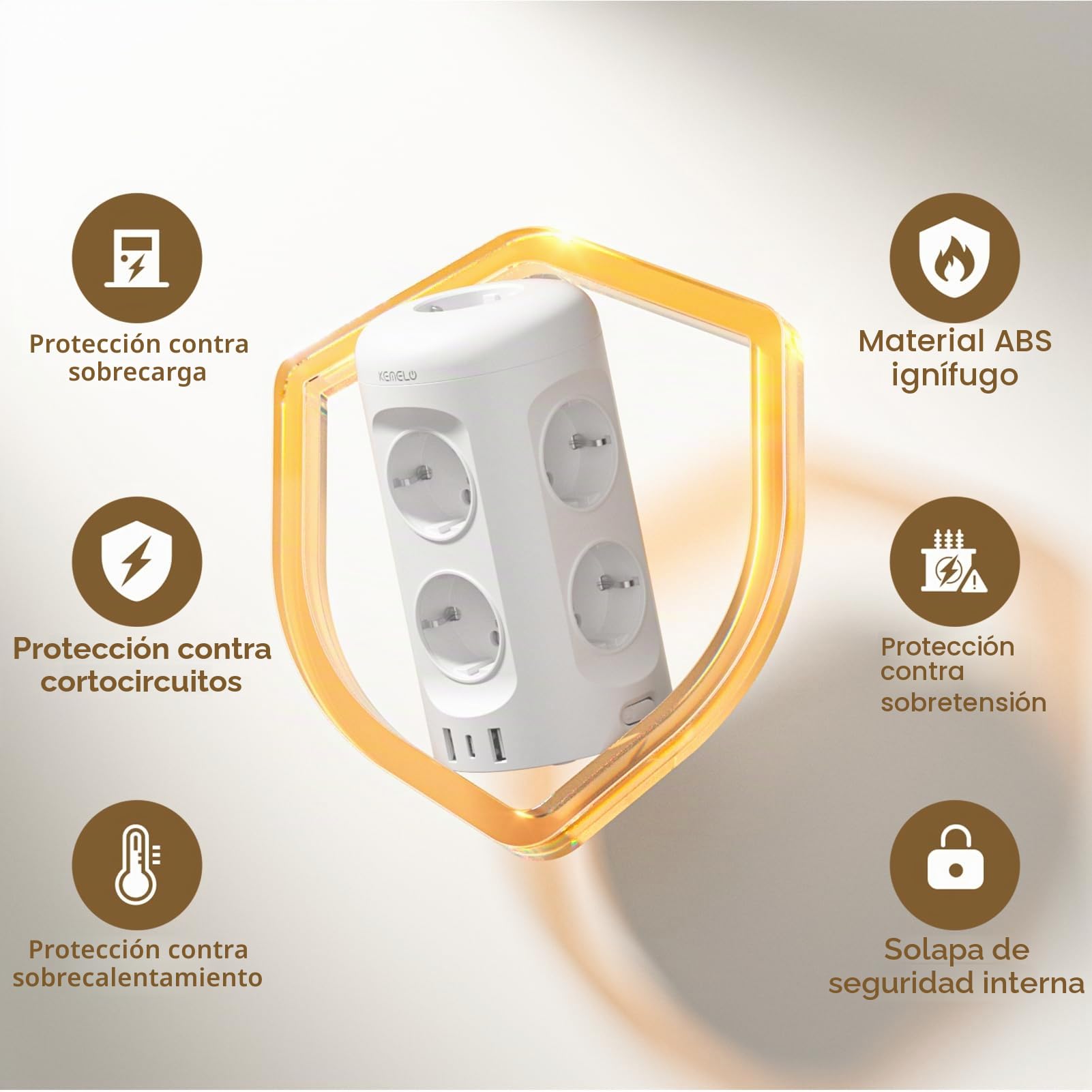 Regleta Enchufes con USB C, 12 en 1 Enchufe Multiple (9 AC y 3 USB), 3680W/16A, Regleta Enchufes Proteccion Sobretension, 2M Torre Enchufes Vertical con Interruptor para Mesa, Oficia, Casa, Blanco