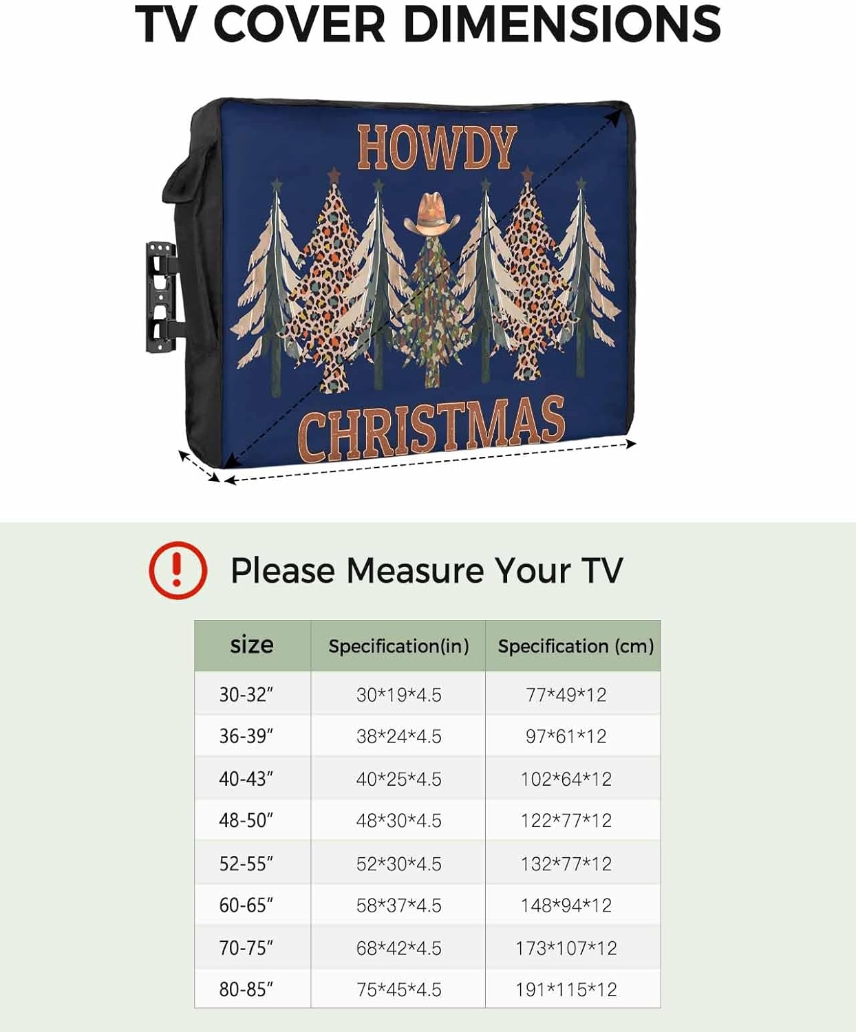 Christmas Cowboy Blue Outdoor TV Cover 70"-75" - 600D Waterproof TV Cover Weatherproof TV Screen Protector Dustproof Western Winter Xmas Leopard Tree TV Display Protector for Outside Flat Screen TV