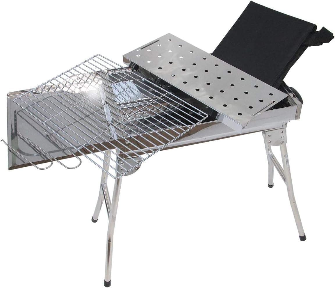 Mangal Aladin, inoxidable con patas plegables + 20 pinchos / acero inoxidable, parrilla de carbón vegetal, portátil, compacta, barbacoa, bolsa de transporte incluida