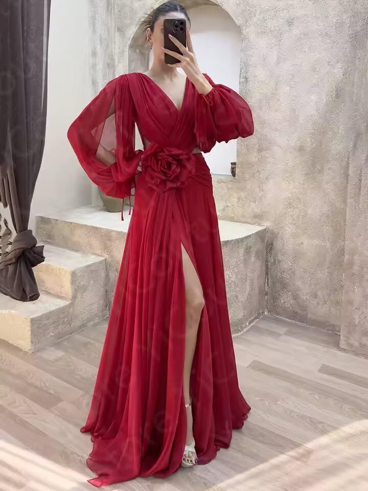 Chiffon Bridesmaid Dresses Long Sleeves Formal Dress 3D Floral V Neck Pleated Evening Gowns with Split