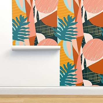 Peel Stick Wallpaper Swatch Abstract Collage Jungle Hawaii Hawaiian Leaves Geometric Mod Tropical Minimalist Colorful Monstera Custom Removable Wallpaper By Spoonflower Amazon Com