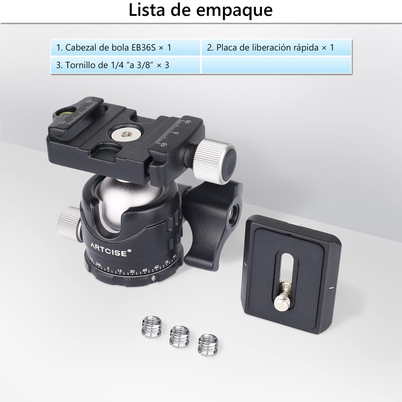 Cabezal de trípode de perfil bajo, ARTCISE EB30S Mini cabeza de bola de metal de 30 mm de diámetro, placas de liberación rápida de 1/4 ", 3 tornillos de conversión de 1/4" a 3/8 "para cámara, DSLR