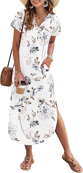 MISFAY Women's Summer Maxi Dress 2026 Casual Short Sleeves V Neck Loose Sundress Split Long Beach T Shirt Dress