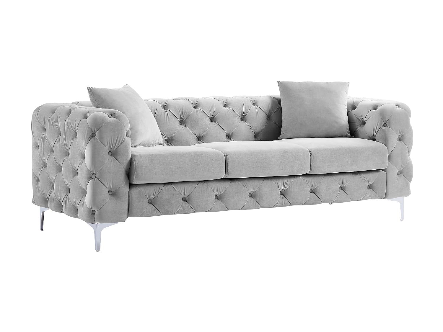 Vente-unique - Canapé 3 Places, Fauteuil et Pouf Chesterfield en Velours Gris Clair Edwina