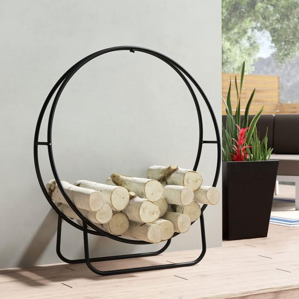 Log Store Firewood Rack Outdoor Firewood Log Hoop Black Powder Coated Steel Wood Rack for Firewood Lumber Storage Rack