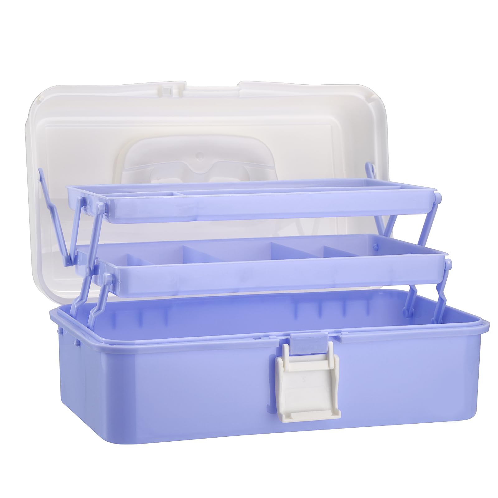OGANAZI 3-Layer Foldable Organiser Box with Compartments Sewing Box with Handles and Lids Medicine Storage Box Craft Storage Hair Accessories Organiser with Buckle 32.5 * 20.5 * 14cm White Purple