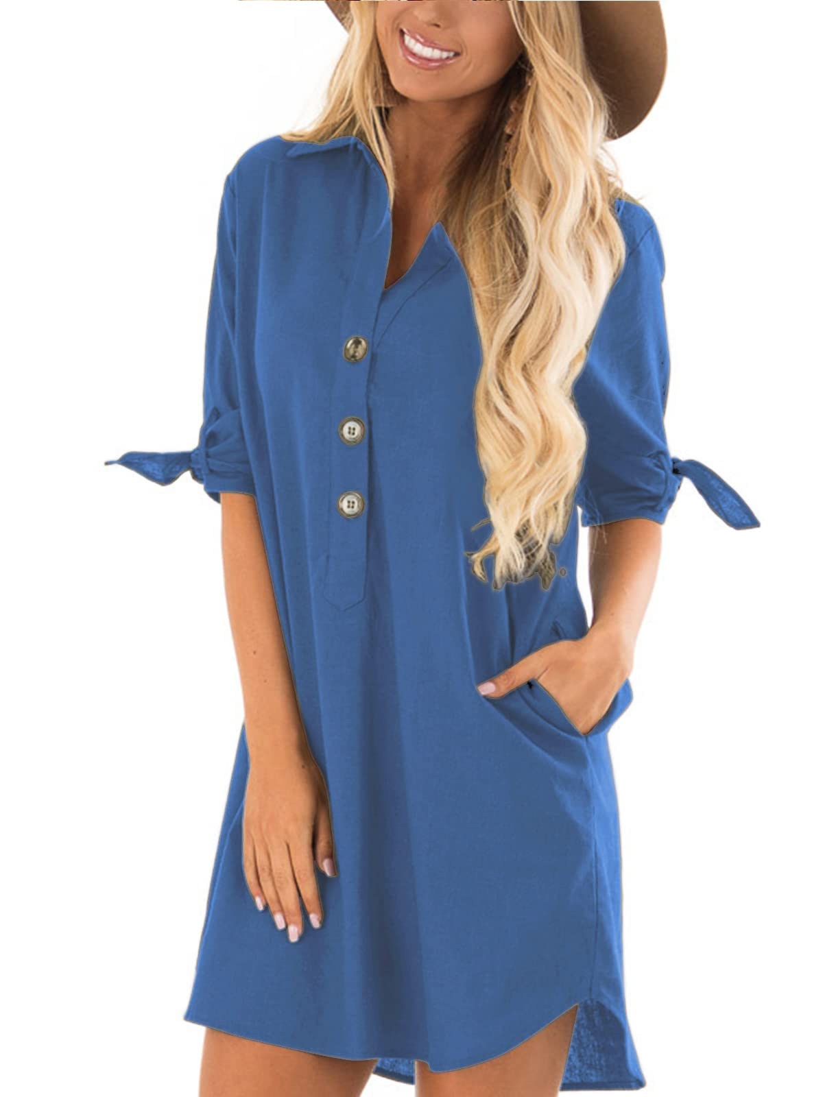 CNFIO Women Casual Shirt Dresses Summer Loose Button Down Dress with Pockets