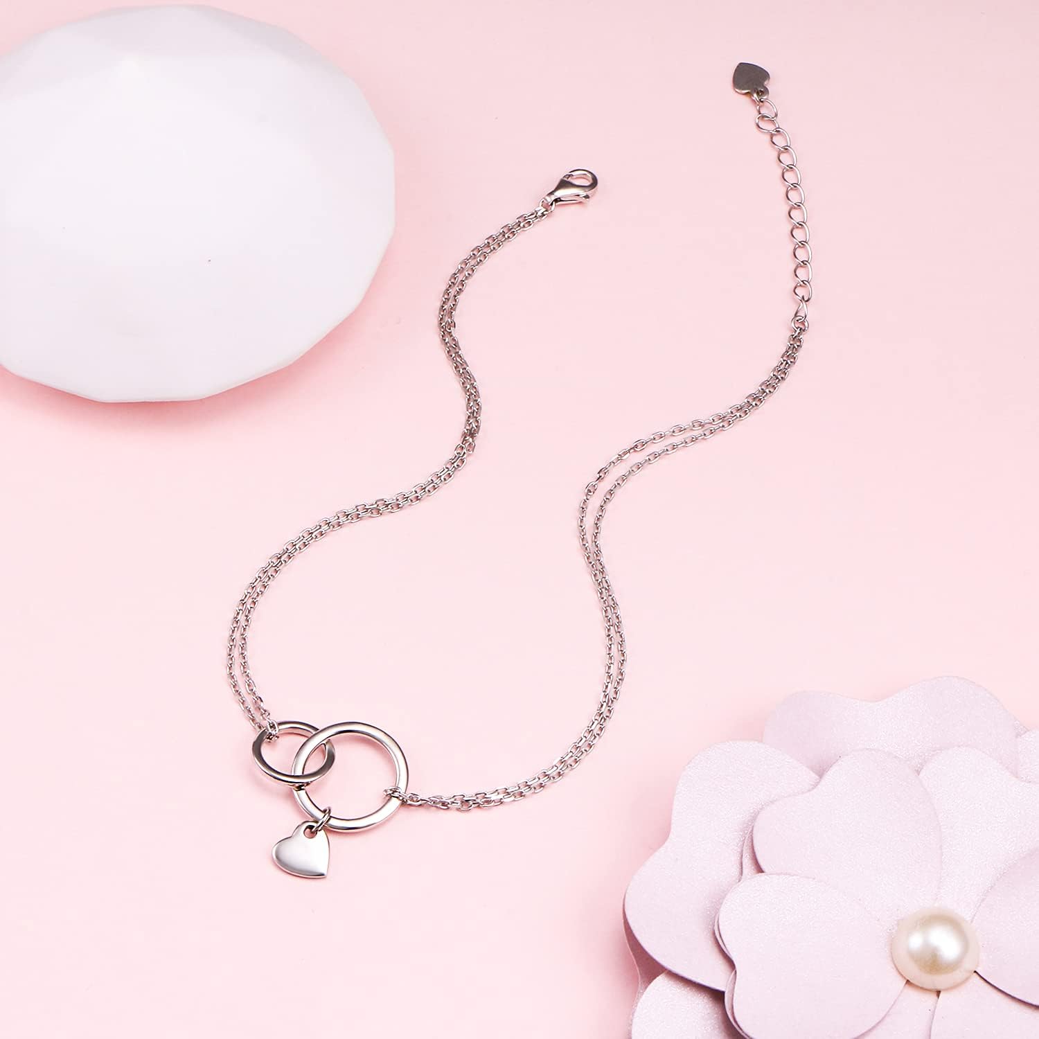 FLYOW Two circles Layered Anklet 925 Sterling Silver for Women Adjustable Heart Ankle Bracelet Boho Beach Foot Chain 9+1.5 Inch Charm Jewelry Birthday Gifts (Two Circles 9+1.5) - Image 5