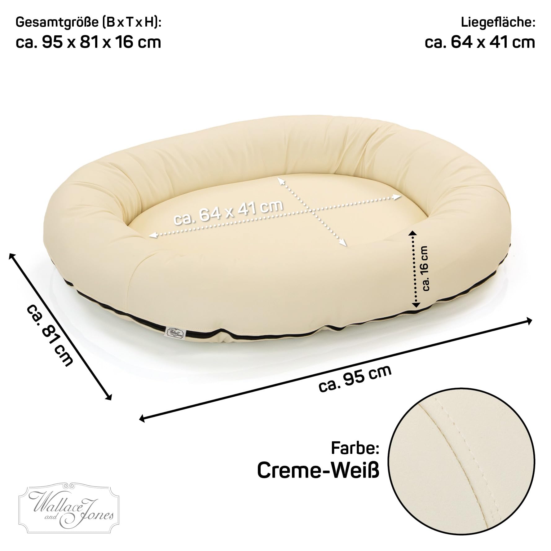 Wallace & Jones | Premium Hundebett Bolton Hundesofa 95x81 cm Hundecouch aus Kunstleder Hundebett für mittelgroße Hunde, verdeckter Zipper, waschbar, rutschfest, Creme-weiß