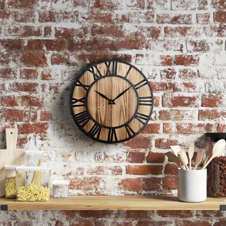 16-Inch Rustic Vintage Metal & Wood Silent Non-Ticking Decorative Wall Clock with Large Roman Numerals