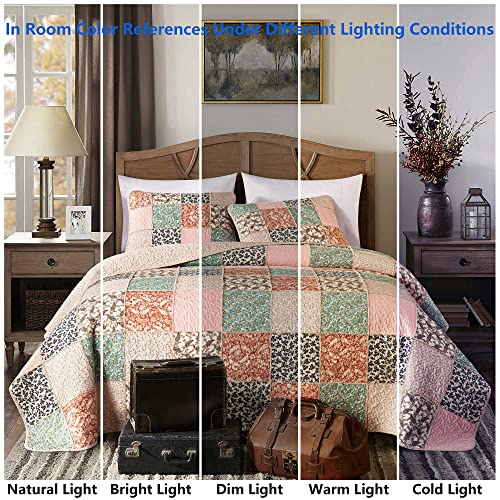 Quilts Queen Size, 100% Washed Cotton With Real Patchwork Stitching Queen Quilt Bedding Set, All Season Patchwork Bedding Set , Vintage Farmhouse Pink Reversible Floral Bedspreads Set, 90"X96”+2 Shams #TOP6