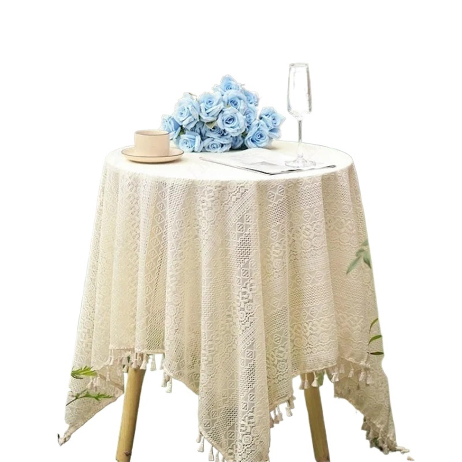 VIOLDHHJK Lace Tablecloth Lace Beige Tablecloth Small Round Table Coffee Tables Bedside Cloth Cover Proof Geometric Tassel(90x90cm)