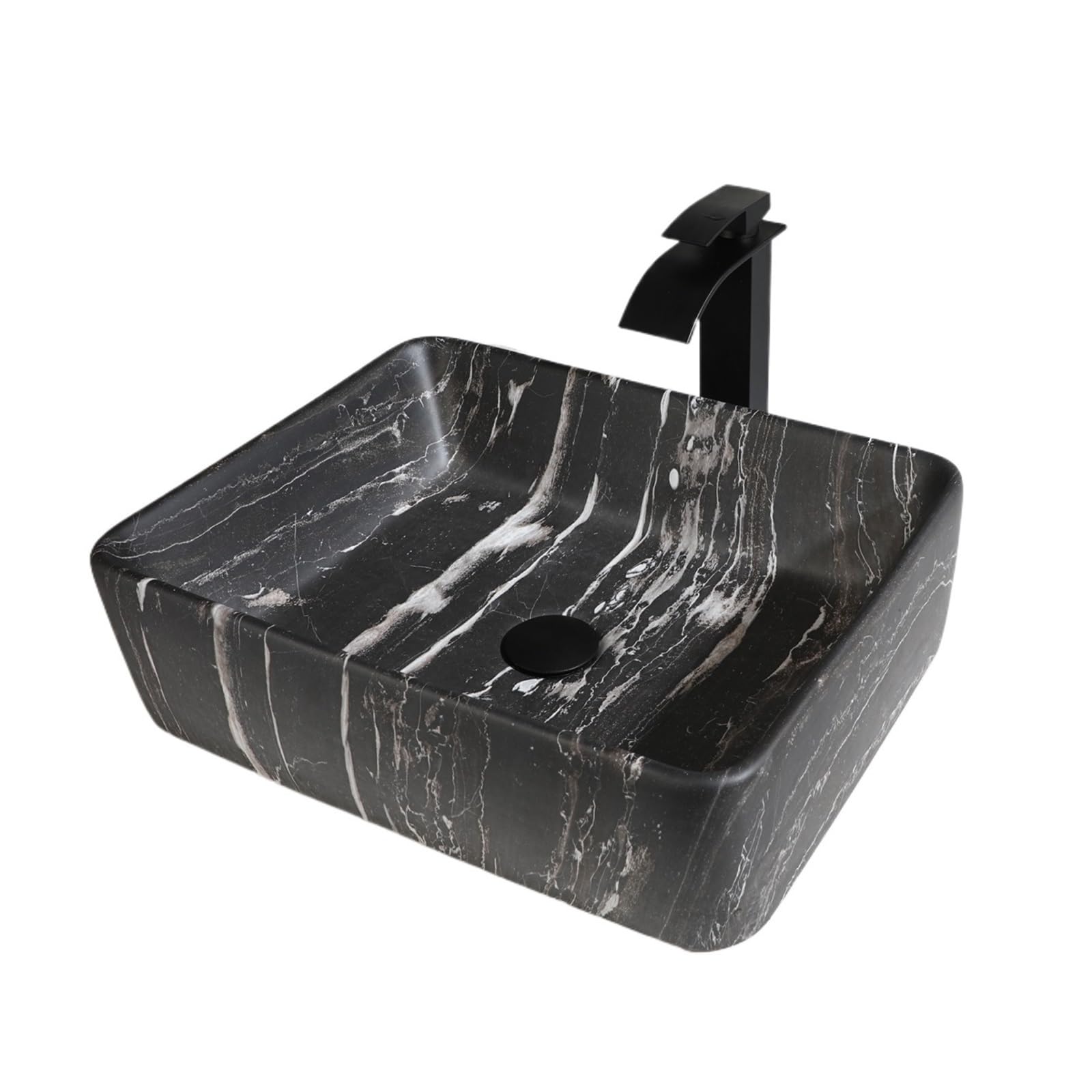 Bathroom Vessel Sink Bathroom Marble Style Vessel Sink Set Square Ceramic Basin Bowl Faucets Modern Washbasin for Washing(Black)