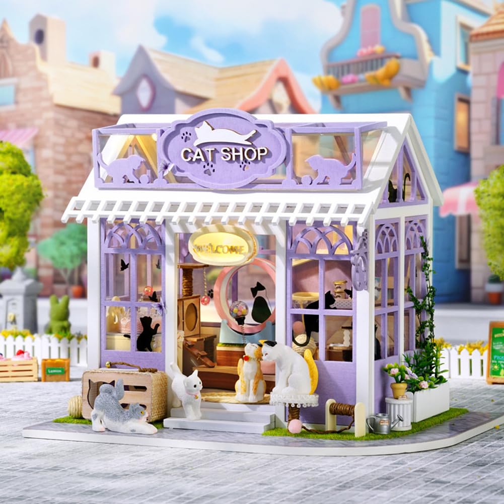 Kit fai da te in miniatura per casa delle bambole con luci a LED, negozio di gatti fai da te, in legno, per adulti, per costruire la casa delle bambole, decorazione per la casa, regalo di compleanno