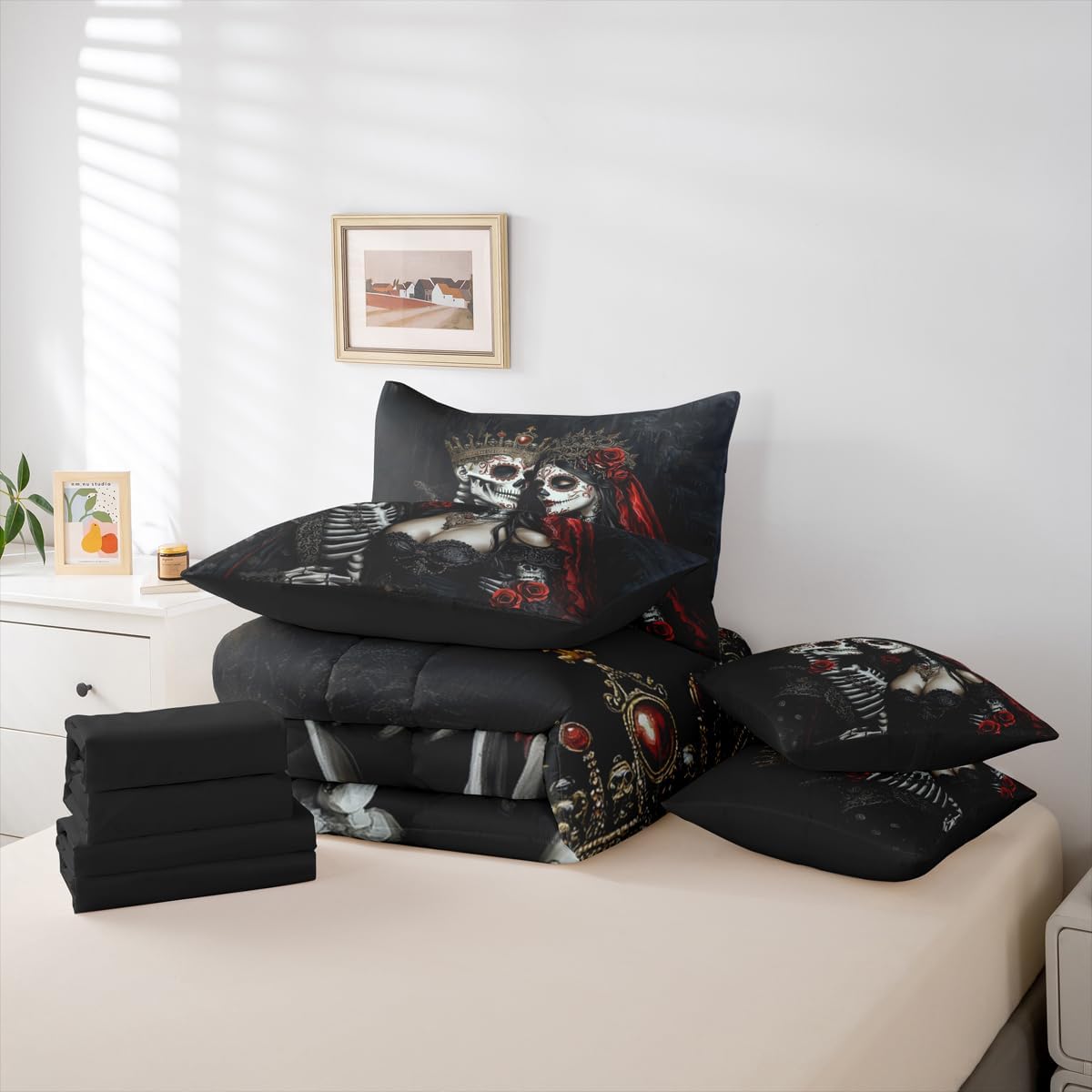 Exotic Skull Couple Queen Comforter Set with Sheets, Vintage Skeleton 7 Piece Bedding Sets Retro Gothic Bed in a Bag, Spooky Ethnic Tribe Bone Red Rose Bed Set, Halloween Skeleton Decorations