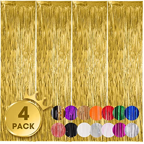 Image of Voircoloria 4 Pack Gold Foil Fringe Backdrop Curtains, Tinsel Streamers Birthday Party Decorations, Fringe Backdrop for Graduation, Baby Shower, Gender Reveal, Disco Party