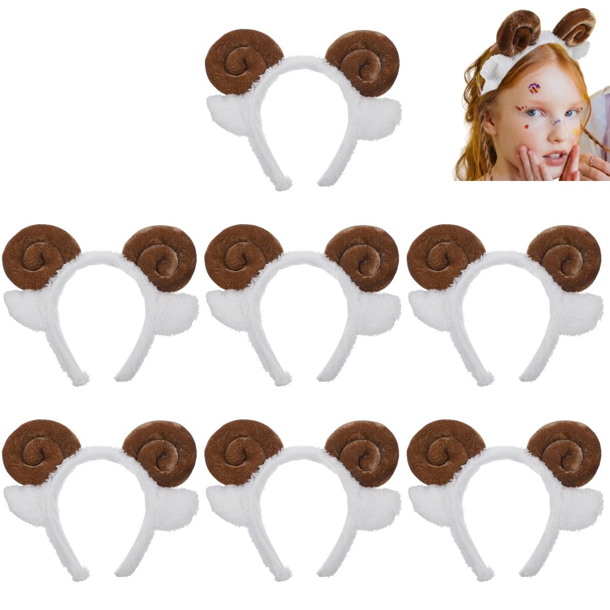 balacoo Goat Ears Cute Headband - Fluffy Hairband Animal Head Wear for Women Girl Makeup Washing Face, Goat Horns Headband for Party Celebrations Supplies, 7 packs
