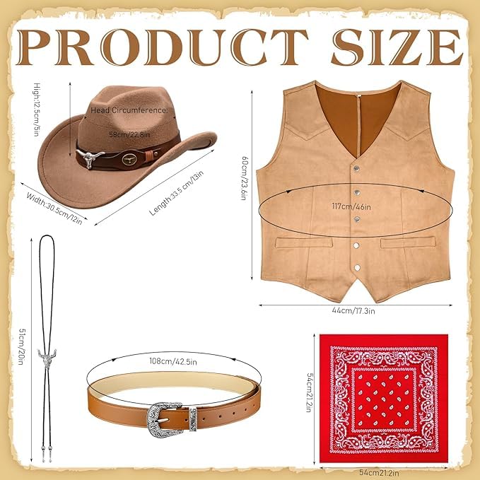 5 Pieces Western Outfits for Men Cowboy Suede Leather Vest Hat Western Bolo Tie Paisley Bandana Long Necklace with Belt for Cosplay Costume - Image 2