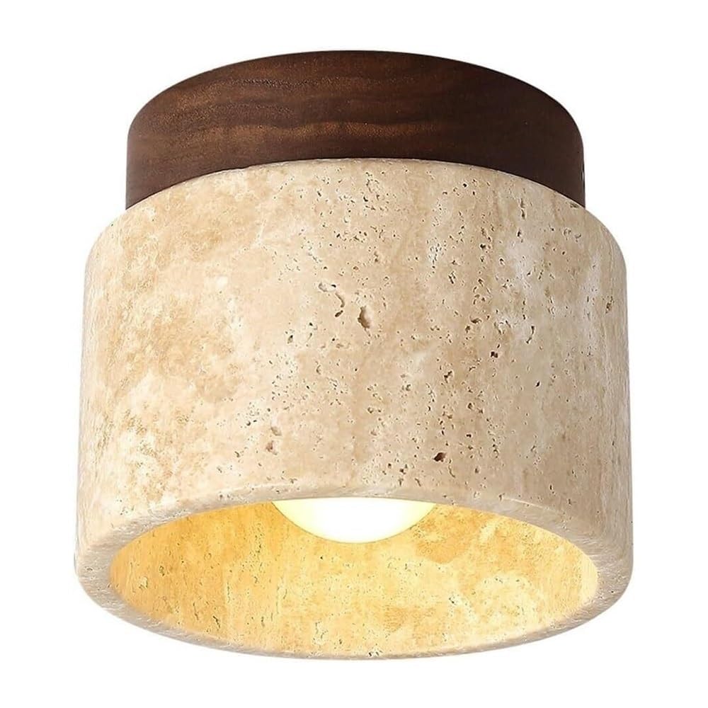 ITOSUI Mid Century Modern Flush Mount Ceiling Light Yellow Travertine Stone Shade 4.7-Inch Dark Solid Wood Base Lamp for Bedroom Bar Study Hallway Entryway Kitchen Sink E26(1-Pack)