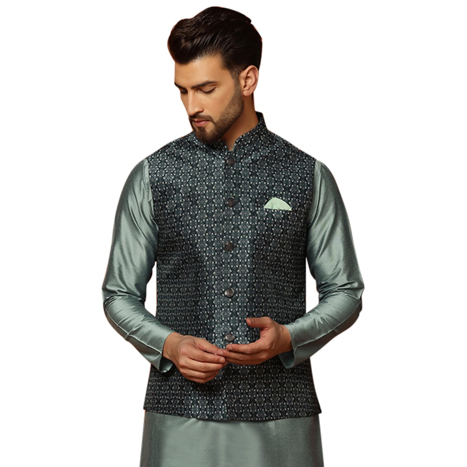 Men's Nehru Jacket Teal Ethnic Festive Traditional Waistcoat Cotton, Regular Fit-image-1