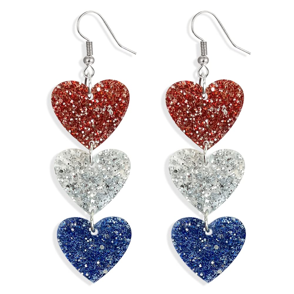 American Flag Earrings 4th of July Earrings for Women Acrylic Heart Star Flag Dangle Drop Earrings Handmade Independence Day Patriotic Earrings Holiday Gifts