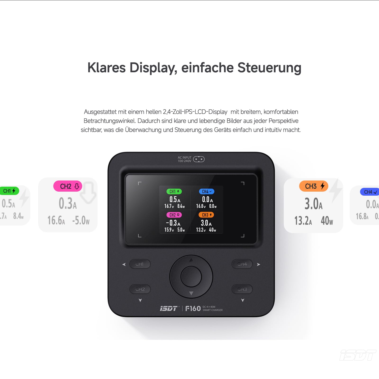 ISDT F160 4-Kanal GaN Lipo-Akkuladegerät, 40W AC 5W x4 Balancer-Ladegerät/Entlader für RC LiPo-, LiHv-, Li-Ion-, NiMH- und Bleiakkus