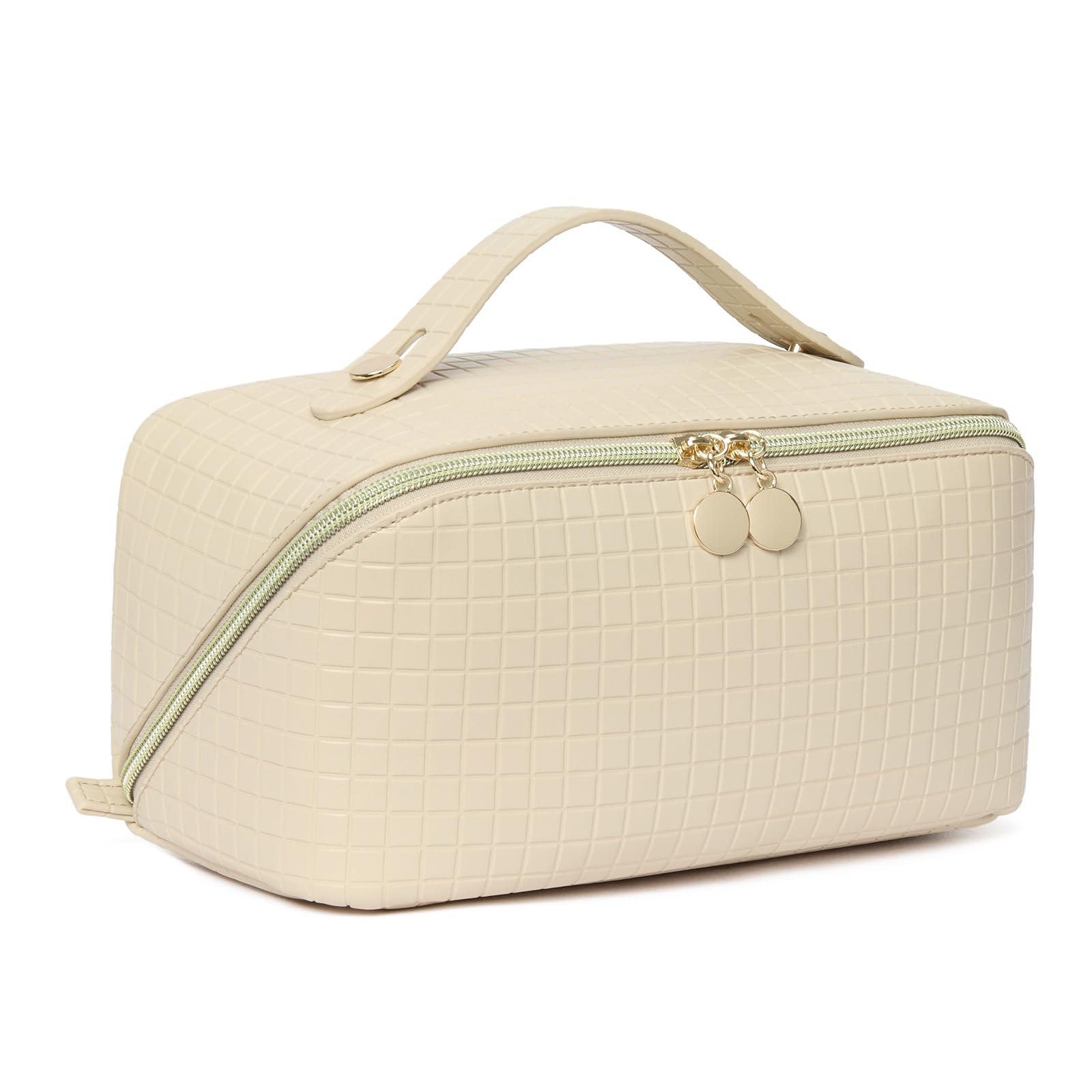 Telena メイクアップバッグ 大容量 旅行用 コスメティックバッグ ポータブル PUレザー 防水 メイクアップオーガナイザーバッグ レディース ハンドルと仕切り付き フラットオープン, 1-アプリコット