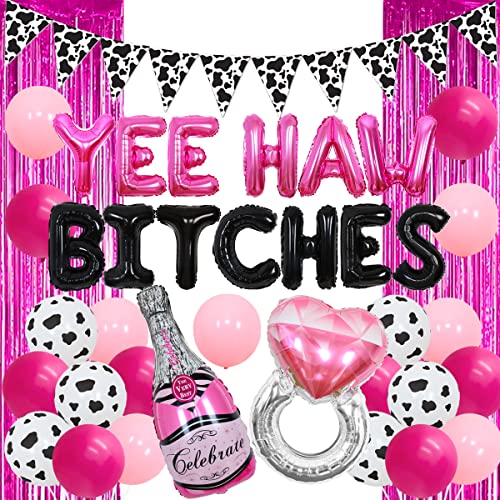 Sursurprise Western Hen Party Decorations, Hot Pink and Black Yeehaw Bitches Balloon Cow Print Pennant Banner