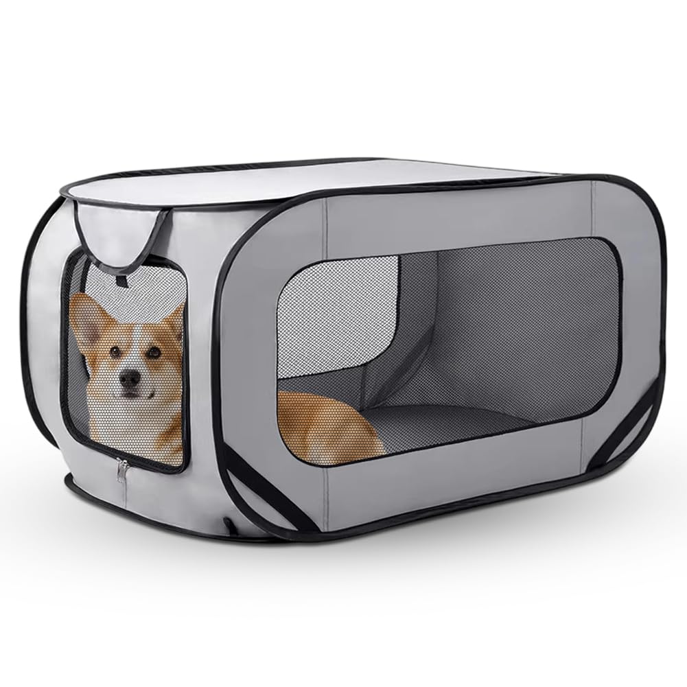 Faltbare Hundebox Auto, Transportbox Hund & Katze bis 29.5 kg (94x53x53 cm), Robuste Hundetransportbox faltbar mit Doppeltüren & Sicherheitsgurt, Tragbarer Rückzugsort für Reisen (Grau)