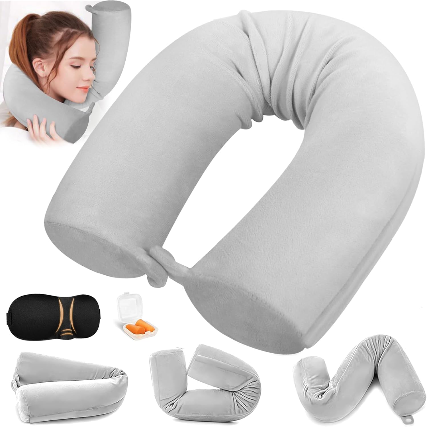 PQETBV Coussin de Voyage, Oreiller de Voyage Ergonomique, Oreiller de Voyage en Mousse à Mémoire de Forme, avec Bouchons d’oreilles, Cache – Yeux, pour Avion, Voiture, Bureau