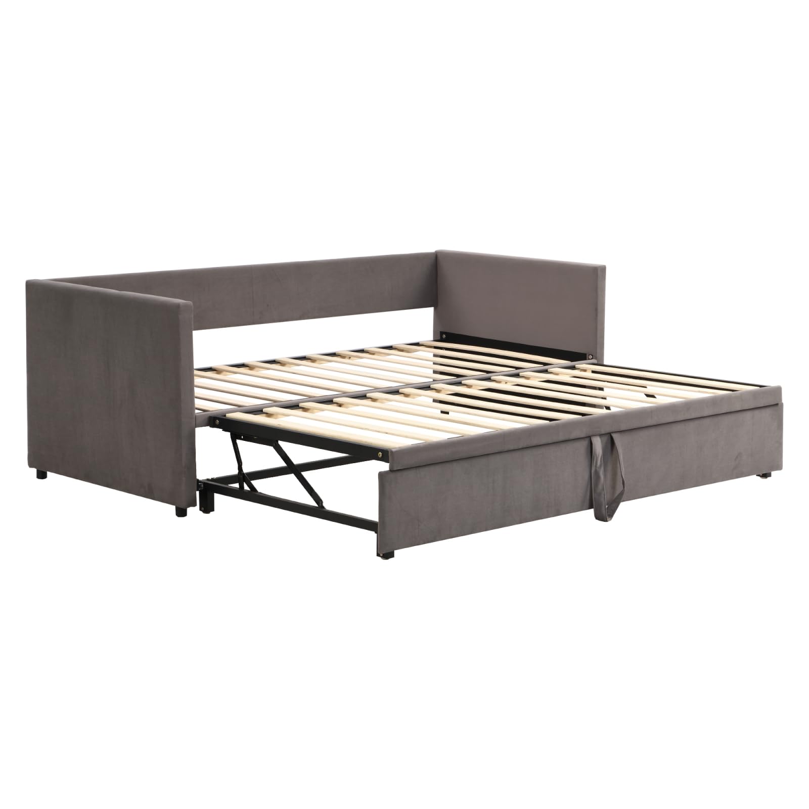 Tagesbett Ausziehbar 90/180x200 cm,Schlafcouch Polsterbett Ausziehbar mit Gästebett,Samtstoff Bett Ausziehbar zum Doppelbett,Schlafsofa für Erwachsene 2 Personen,ohne Matratze,Grau