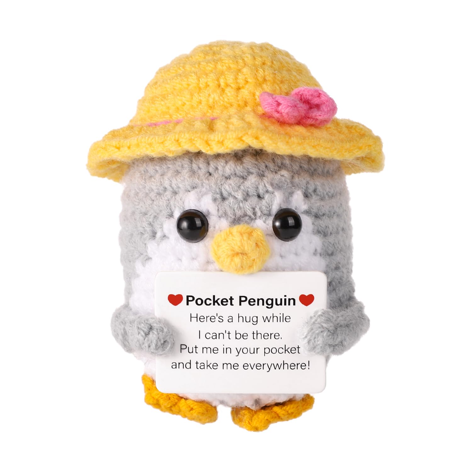 Funny Pocket Penguin Hug, 3.54 Inch Knitted Positive Penguin with Encouragement Card Cute Wool Crochet Emotional Support Penguin Doll with Summer