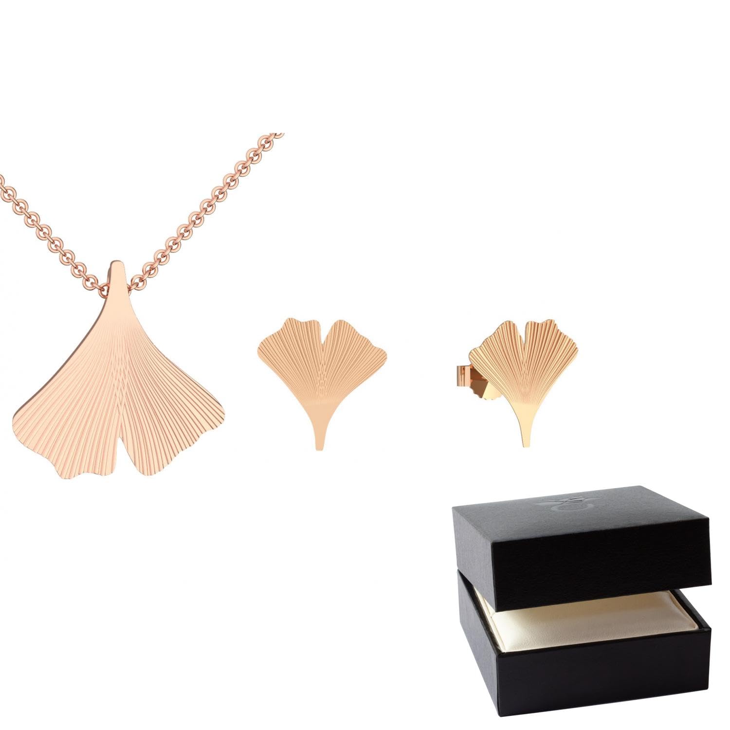 Ginkgoblatt Schmuckset Anhänger und Ohrstecker in Rotgold vergoldet | inkl. Luxus-Etui Kettenanhänger Damen Gingko Ohrstecker Gingko Blatt glänzend