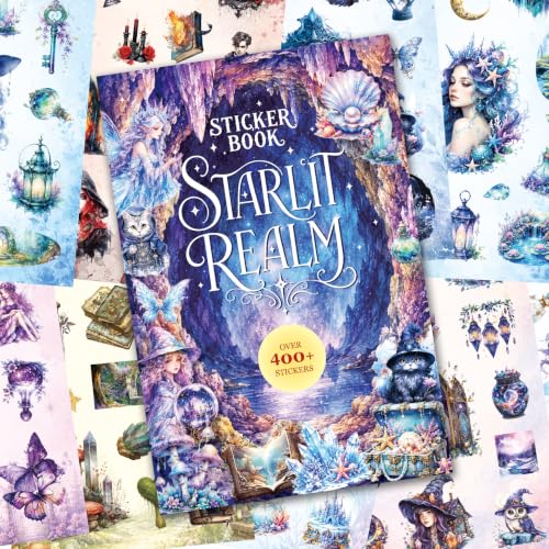 Image of Starlit Realm Fantasy Sticker Book - Waterproof & Repositionable Celestial Decals, Pre-Cut Magical Fairies, Moons & Stars for Scrapbook, Journal & DIY Crafts, No Residue