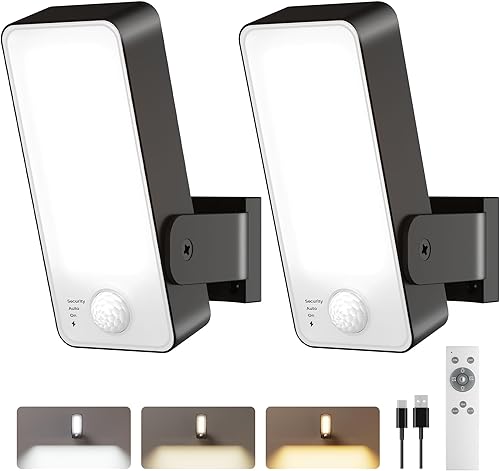Paquete de 2 luces para exteriores con sensor de movimiento, 10,000 mAh, recargable, 600 lúmenes, funciona con pilas, luces de pared para exteriores