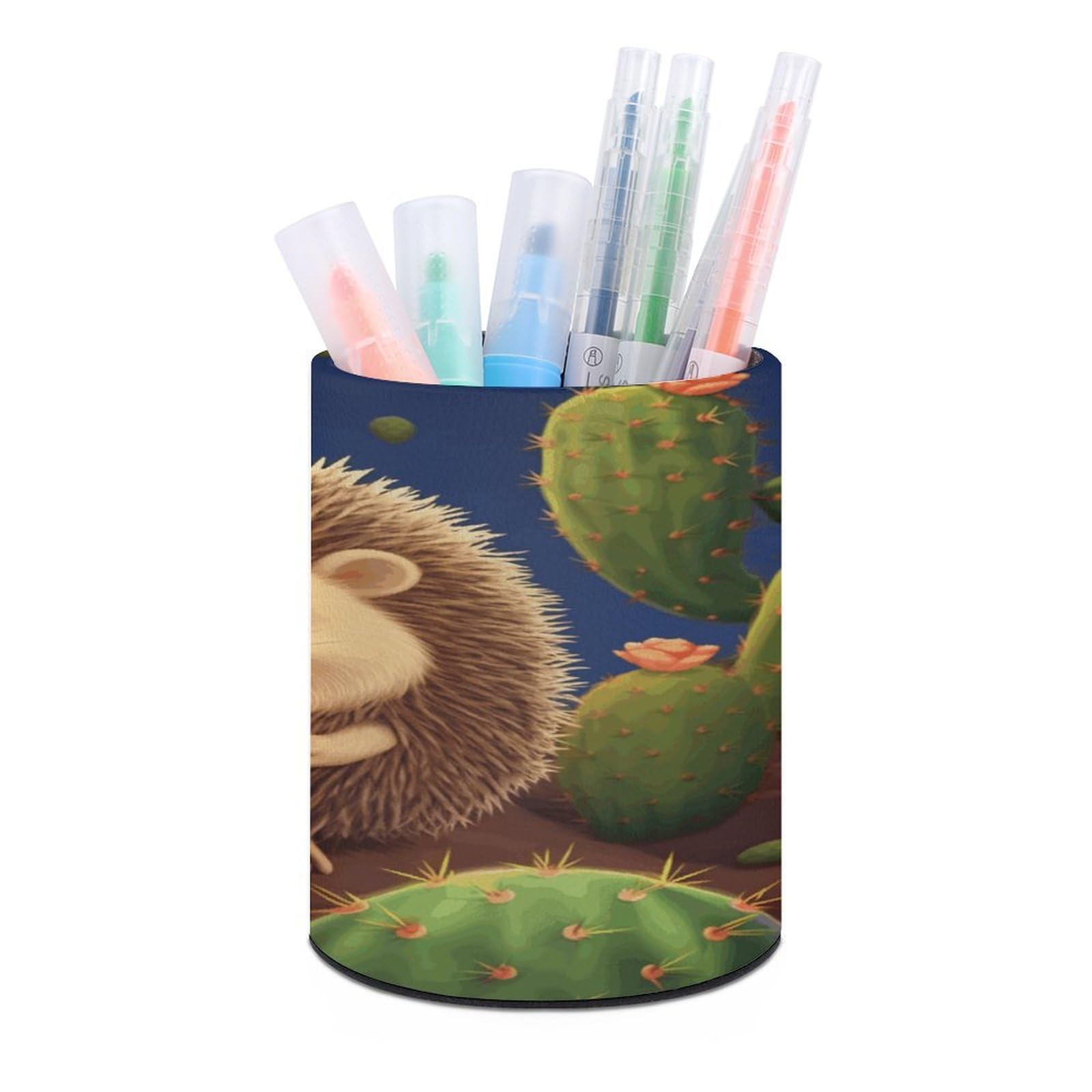 VstaDank Hedgehog Cactus Pen Holder Leather Pencil Cup Round Pencil Holder for Desk Organizer Personalized Pen Cup Fashion Pen Organizer Makeup Brush Holders for Office Home&Gift