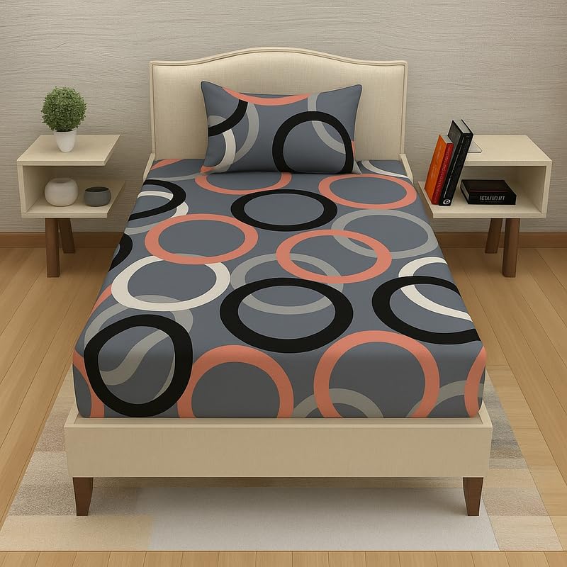 Image of Premium Cotton Elastic Fitted Bedsheets with 1 Pillow Covers |Floral Printed Single Bed Elastic 220 TC Supersoft Breathable & Wrinklefree | for 72x36+6 Inches, Pattren Olive Grey