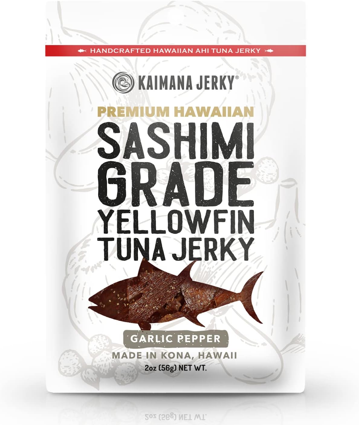 Kaimana Ahi Tuna Jerky Garlic Pepper 2 Ounce - Soft and Tasty - Premium Fish Jerky Made in the USA. High in Omega 3's, All Natural and Wild Caught